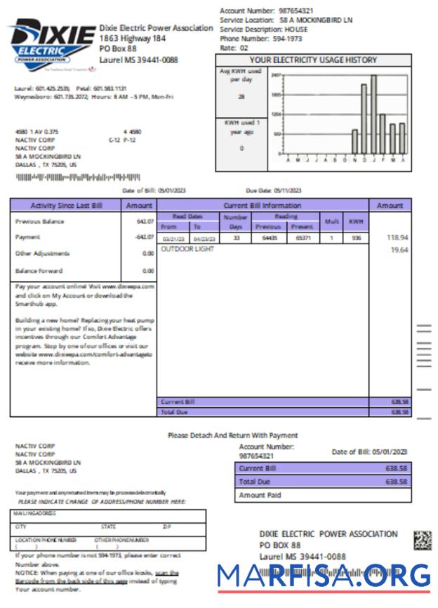 Printable Dixie Electric utility business bill, SCR download for verification